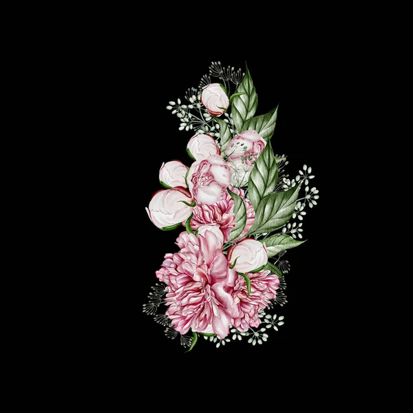 牡丹の花と緑の葉を持つ水彩花束 イラスト — ストック写真