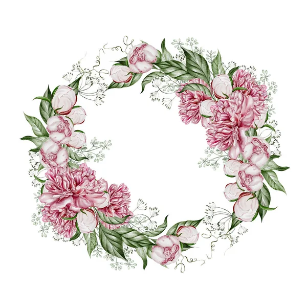 Akvarell Kártya Bazsarózsa Virágokkal Zöld Levelekkel Illusztráció — Stock Fotó