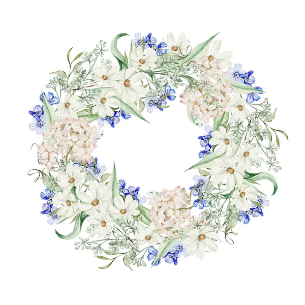 Coroană Acuarelă Uita Flori Mușețel Hortensie Frunze Verzi Ilustrație — Fotografie, imagine de stoc
