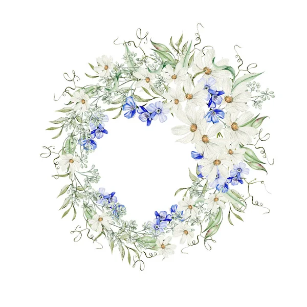 Aquarellkranz Mit Vergissmeinnicht Blüten Und Kamille Grüne Blätter Illustration — Stockfoto
