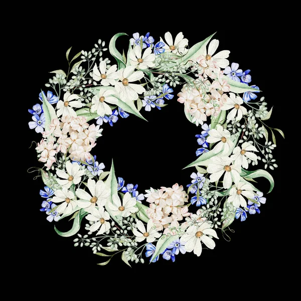 Aquarellkranz Mit Vergissmeinnicht Blüten Kamille Und Hortensie Grüne Blätter Illustration — Stockfoto