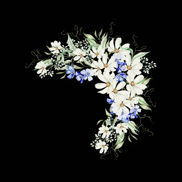Aquarell Strauß Mit Vergissmeinnicht Blüten Und Kamille Grüne Blätter Illustration — Stockfoto