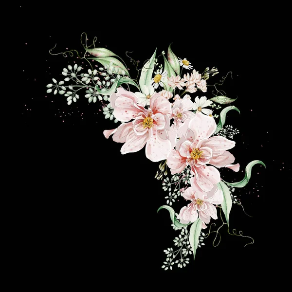 Bouquet Acquerello Con Fiori Foglie Rose Illustrazione — Foto Stock