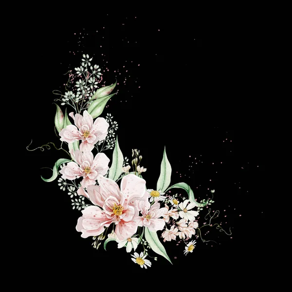 Bouquet Acquerello Con Fiori Foglie Rose — Foto Stock