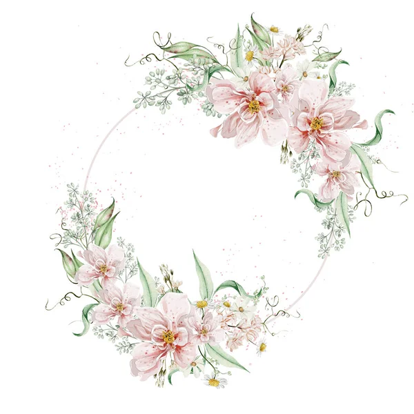 Aquarellkranz Mit Rosenblüten Und Blättern Illustration — Stockfoto