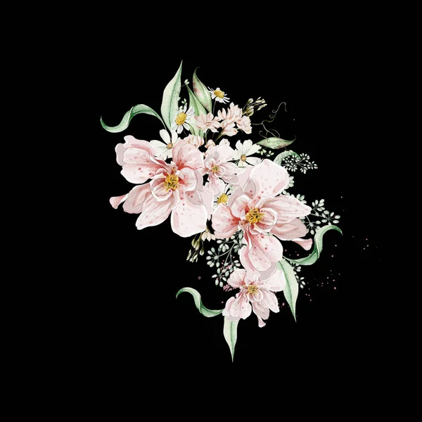 Aquarell Strauß Mit Rosen Blumen Und Blättern Illustration — Stockfoto