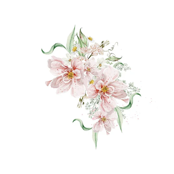 수채화에 장미꽃 잎사귀를 곁들인 꽃다발 — 스톡 사진