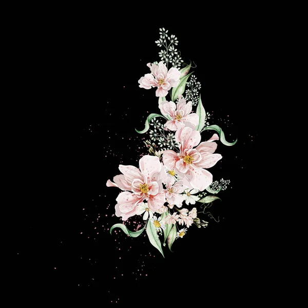 Акварельный Букет Цветами Листьями Роз Иллюстрация — стоковое фото