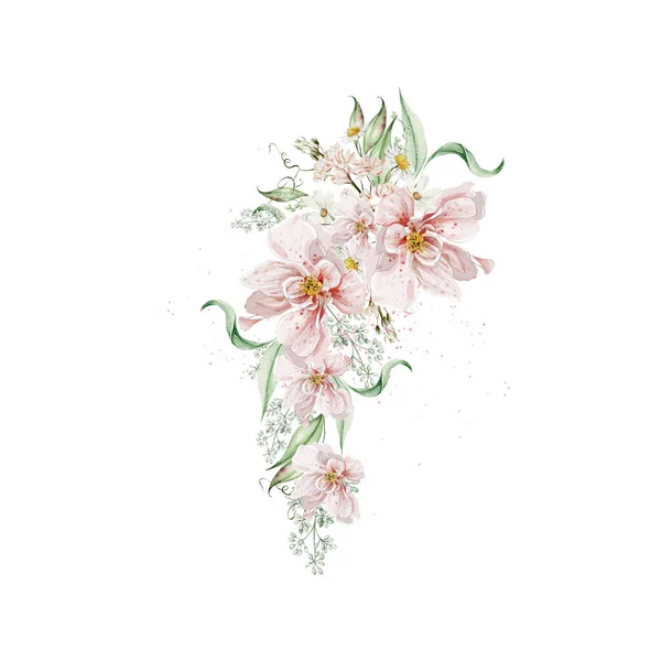 Bouquet Acquerello Con Fiori Foglie Rose Illustrazione — Foto Stock
