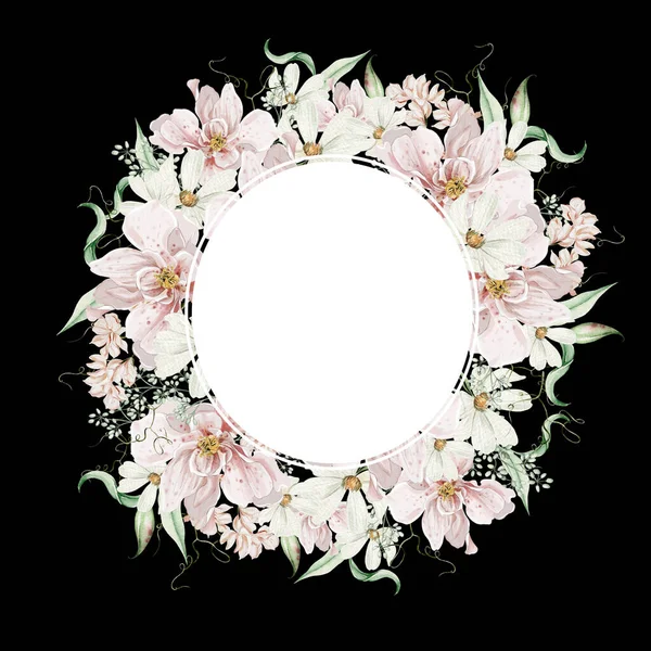 Aquarel Krans Met Rozen Bloemen Bladeren Illustratie — Stockfoto