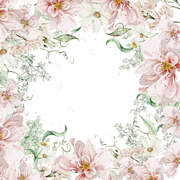 Κάρτα Νερομπογιάς Τριαντάφυλλα Λουλούδια Και Φύλλα Εικονογράφηση — Φωτογραφία Αρχείου