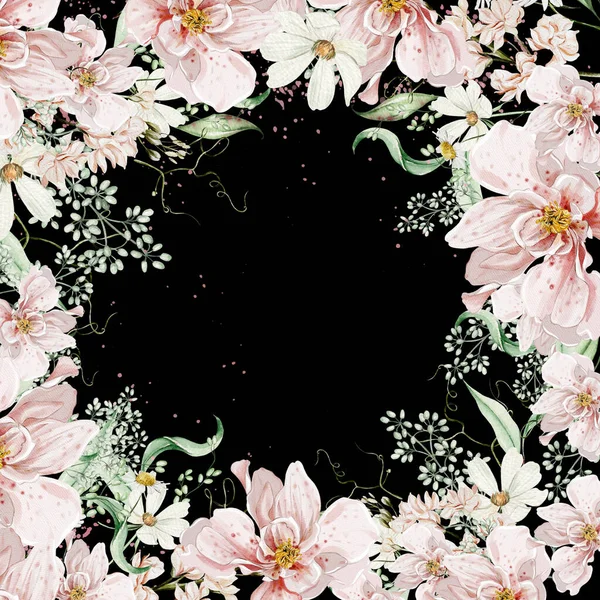 Κάρτα Νερομπογιάς Τριαντάφυλλα Λουλούδια Και Φύλλα Εικονογράφηση — Φωτογραφία Αρχείου