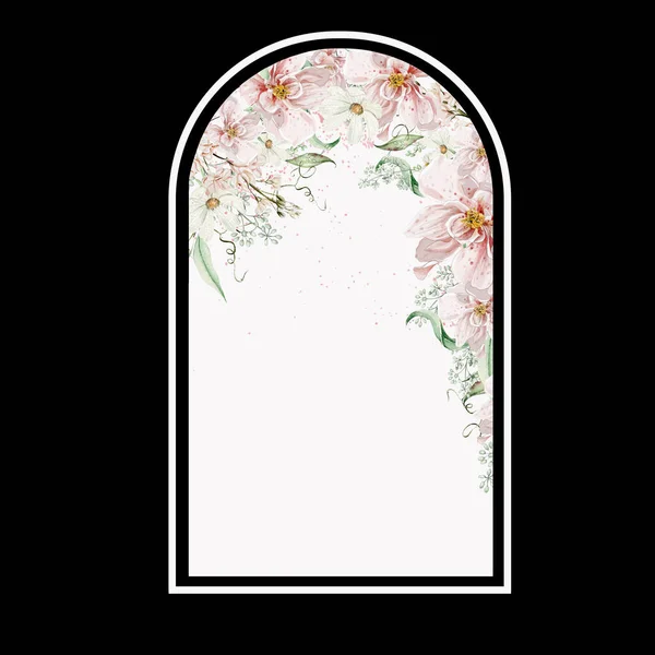 Akvarelová Karta Růžovými Květy Listy Ilustrace — Stock fotografie