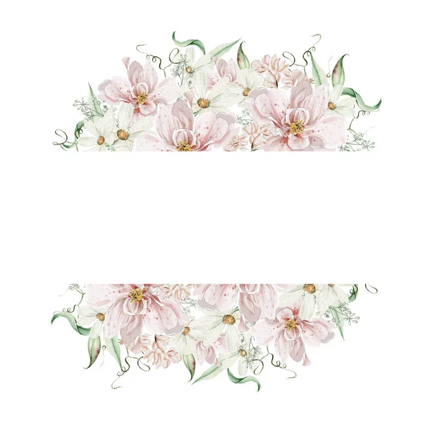 バラの花やカモミール 葉と水彩カード イラスト — ストック写真
