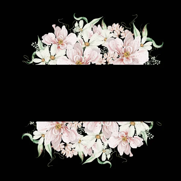 バラの花やカモミール 葉と水彩カード イラスト — ストック写真