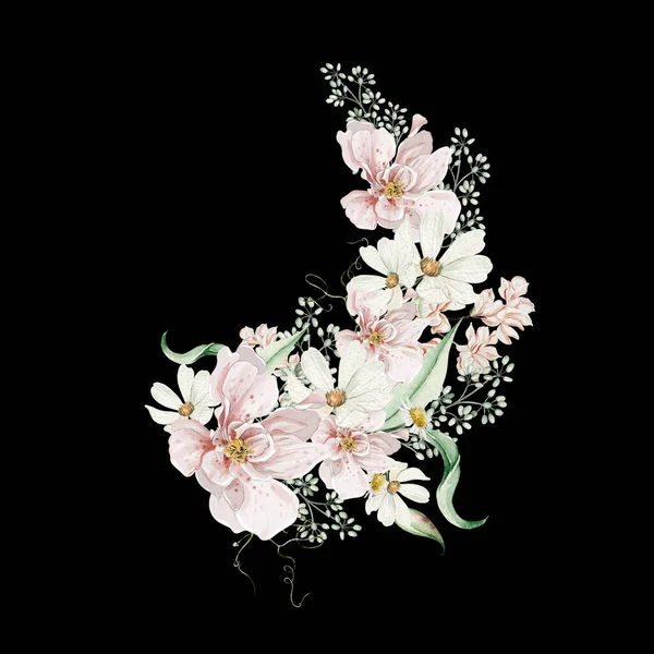 Aquarellstrauß Mit Rosenblüten Und Kamille Blätter Illustration — Stockfoto