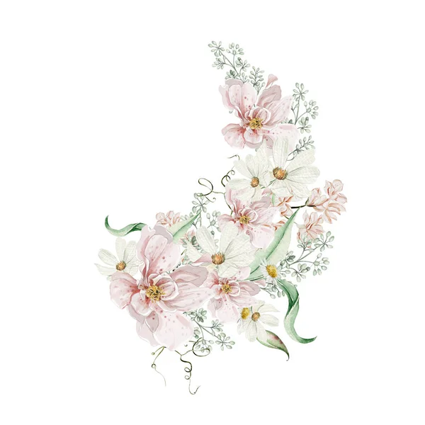 バラの花やカモミール 葉と水彩花束 イラスト — ストック写真