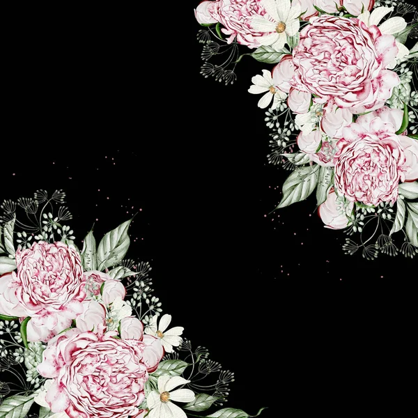 Akvarell Kártya Rózsákkal Kamillával Levelek Illusztráció — Stock Fotó