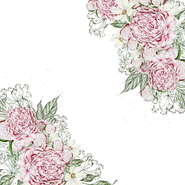 Carta Acquerello Con Fiori Rose Camomilla Foglie Illustrazione — Foto Stock