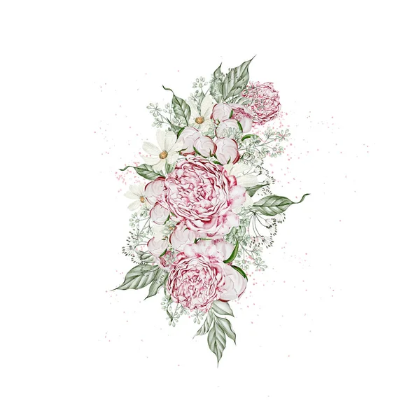 Akwarela Bukiet Różami Kwiaty Rumianek Liście Ilustracja — Zdjęcie stockowe