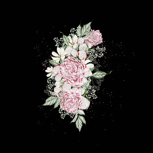 Buquê Aquarela Com Flores Rosas Camomila Folhas Ilustração — Fotografia de Stock
