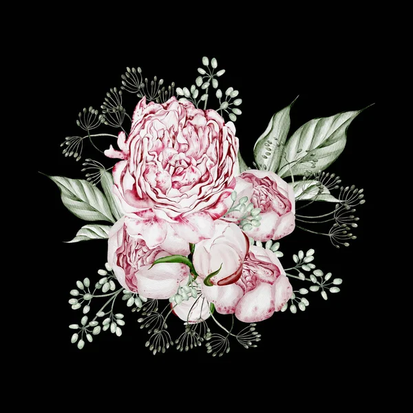 Akvarell Bukett Med Rosor Blommor Och Kamomill Blad Illustration — Stockfoto