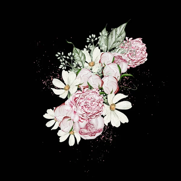 Akvarell Bukett Med Rosor Blommor Och Kamomill Blad Illustration — Stockfoto