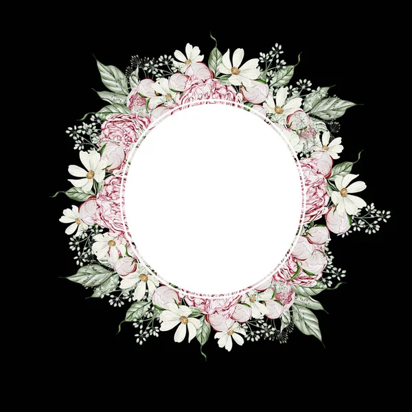 Акварельный Венок Цветами Роз Ромашки Листья Иллюстрация — стоковое фото