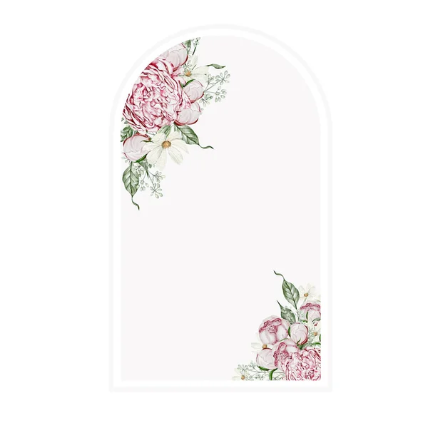 Cartão Aquarela Com Flores Rosas Camomila Folhas Ilustração — Fotografia de Stock