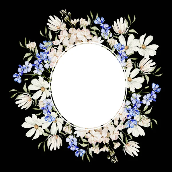 Στεφάνι Νερομπογιάς Ξεχάστε Μου Όχι Λουλούδια Χαμομήλι Και Ορτανσία Πράσινα — Φωτογραφία Αρχείου