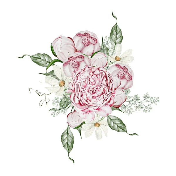 Akvarell Csokor Rózsákkal Kamillával Levelek Illusztráció — Stock Fotó