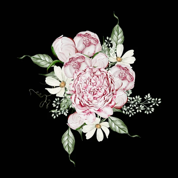 Akwarela Bukiet Różami Kwiaty Rumianek Liście Ilustracja — Zdjęcie stockowe