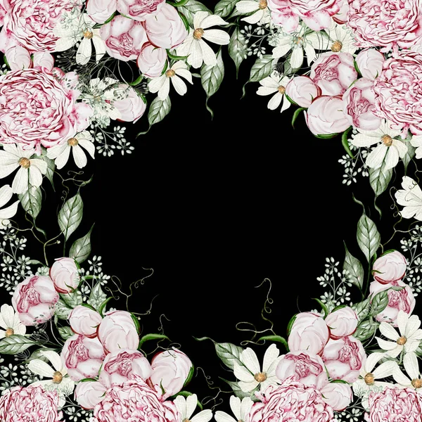 Акварельна Листівка Трояндами Квітами Ромашкою Листям Ілюстрація — стокове фото