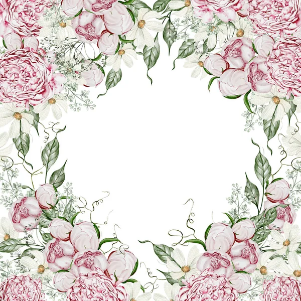 Cartão Aquarela Com Flores Rosas Camomila Folhas Ilustração — Fotografia de Stock