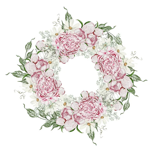 Акварельний Вінок Трояндами Квітами Ромашкою Листям Ілюстрація — стокове фото