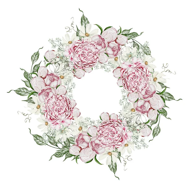 Akvarellkrans Med Rosor Blommor Och Kamomill Blad Illustration — Stockfoto