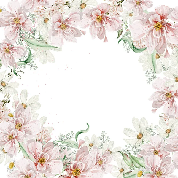 Akwarela Kwiatami Róż Rumianku Liście Ilustracja — Zdjęcie stockowe