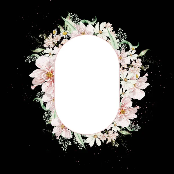バラの花やカモミール 葉と水の色の花輪 イラスト — ストック写真