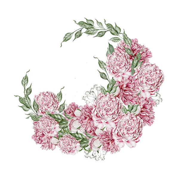 Akvarell Koszorú Bazsarózsa Virágokkal Zöld Levelekkel Illusztráció — Stock Fotó