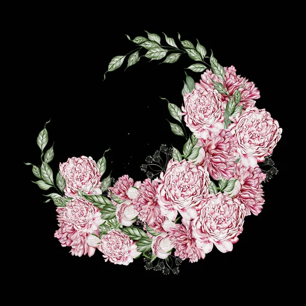 Akvarell Koszorú Bazsarózsa Virágokkal Zöld Levelekkel Illusztráció — Stock Fotó