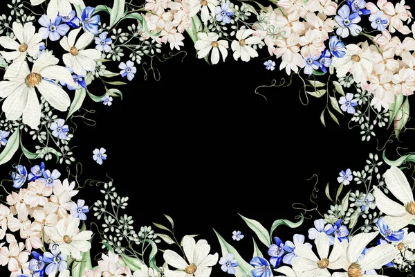 Aquarellkarte Mit Vergissmeinnicht Blüten Kamille Und Hortensie Grüne Blätter Illustration — Stockfoto