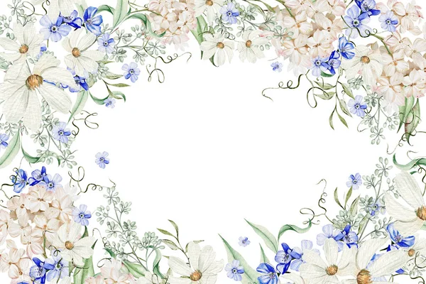 Aquarellkarte Mit Vergissmeinnicht Blüten Kamille Und Hortensie Grüne Blätter Illustration — Stockfoto