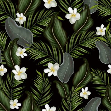 Yeşil yaprakları ve çiçekleri olan tropik, pürüzsüz bir desen. resimleme