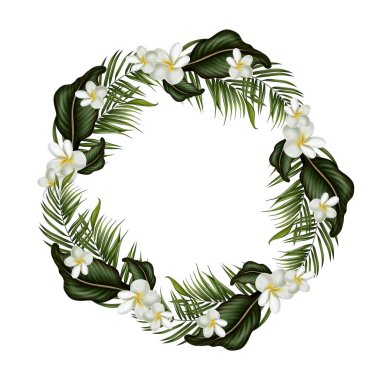 Yeşil yapraklı ve çiçekli tropik çelenk. resimleme