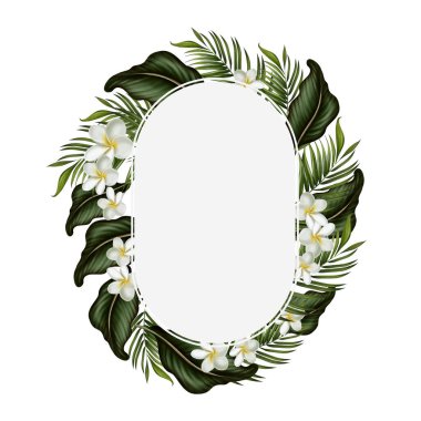 Tropik kart yeşil yapraklar ve çiçekler. resimleme