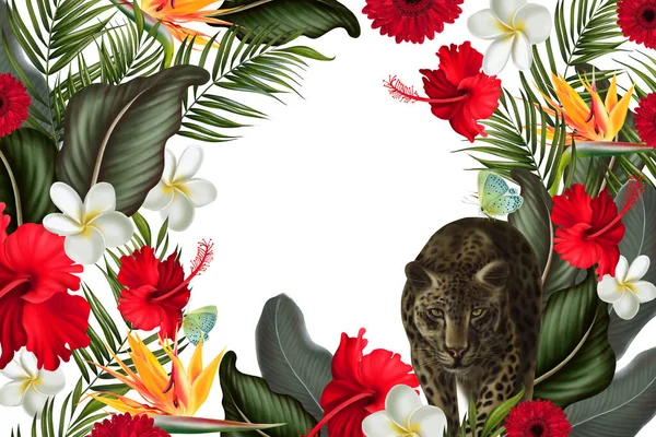 Tarjeta Tropical Con Hojas Verdes Flores Ilustración —  Fotos de Stock