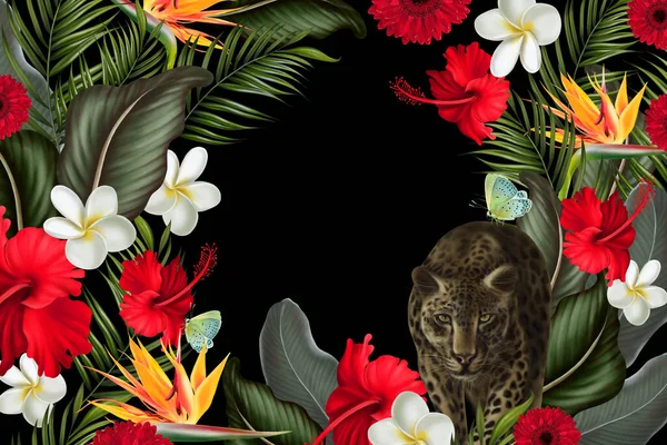 Tropische Kaart Met Groene Bladeren Bloemen Illustratie — Stockfoto
