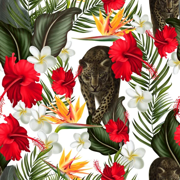 Modello Tropicale Senza Cuciture Con Foglie Verdi Fiori Illustrazione — Foto Stock