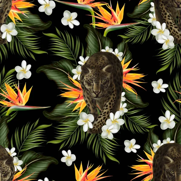 Tropisch Naadloos Patroon Met Groene Bladeren Bloemen Illustratie — Stockfoto