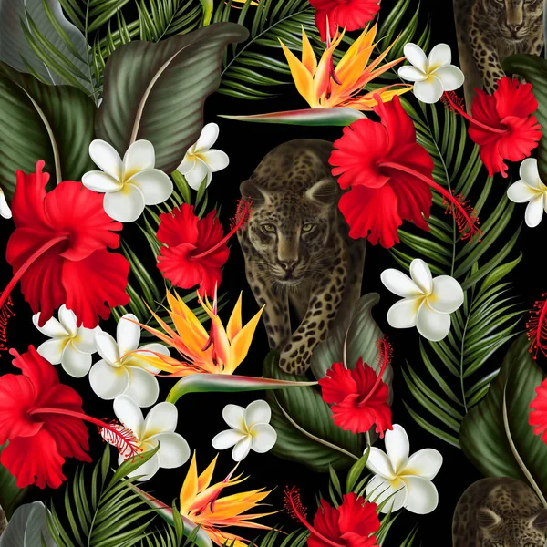 Тропічний Безшовний Візерунок Зеленим Листям Квітами Ілюстрація — стокове фото